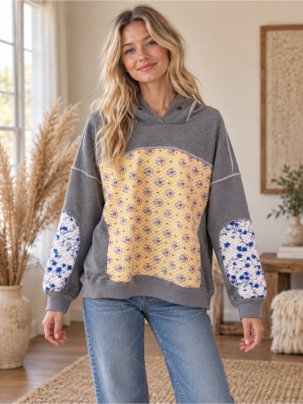 Free People Ditzy Gray Pullover Hoodie with Yellow Floral Patchwork Panel